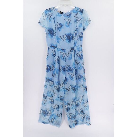 Womens Butterfly Sheer Jumpsuit XL Blue Chiffon Wide Leg Whimsy Fairy Mystical - Picture 1 of 14